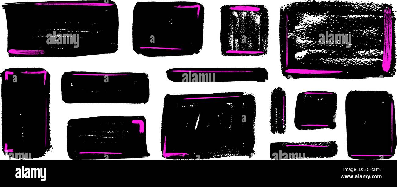 Schwarze unregelmäßige Rechteckformen. Textfeld- oder Sprechblasen-Rahmen mit Kritzelstruktur. Wachsmalstift oder Holzkohle, handgezeichnete Stickersammlung Stock Vektor
