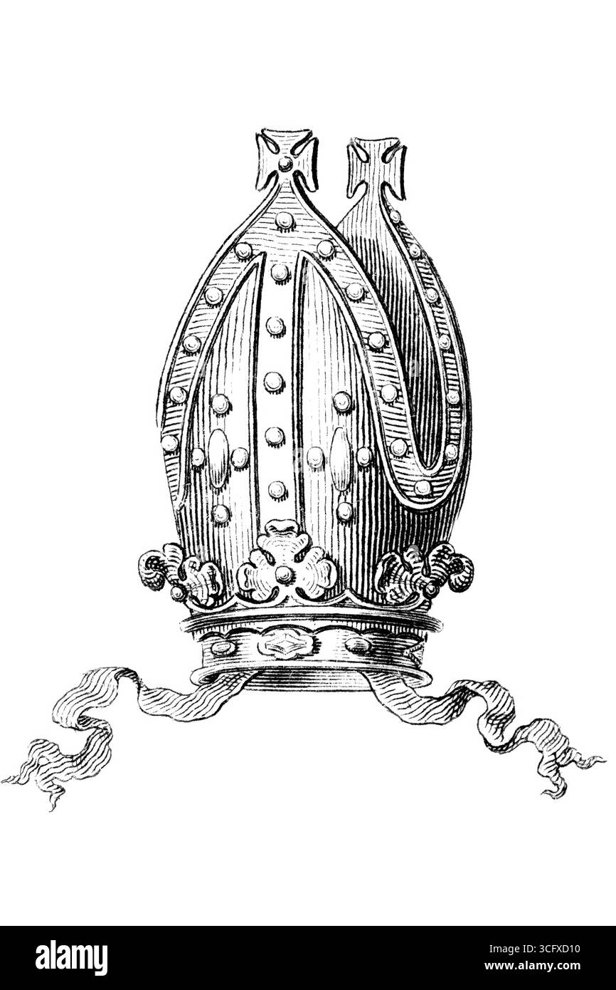 Mitre, die traditionelle liturgische Kopfbedeckung von Bischöfen in vielen christlichen Kirchen. Historische, digital restaurierte Reproduktion eines Originals aus dem 19. Jahrhundert. Das Datensatzdatum wurde nicht angegeben. Stockfoto