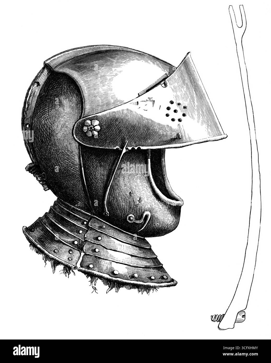 Visierhelm aus der Zeit um 1643. Das Stück an der Seite ist die Visierstütze in voller Größe, die verwendet wird, um das Visier je nach der verwendeten Stockfoto