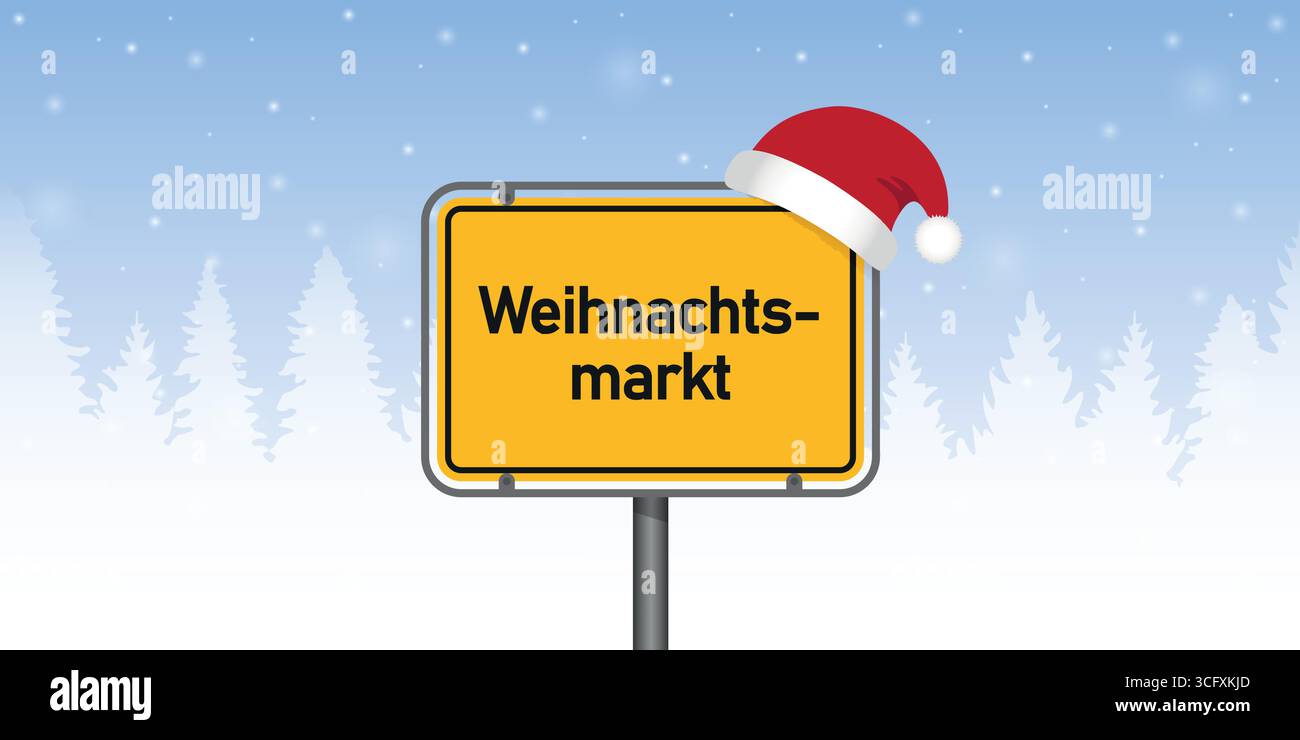 Platzieren Sie Schild mit deutschem Wort weihnachtsmarkt in der verschneiten Winterlandschaft Vektor-Illustration Stock Vektor