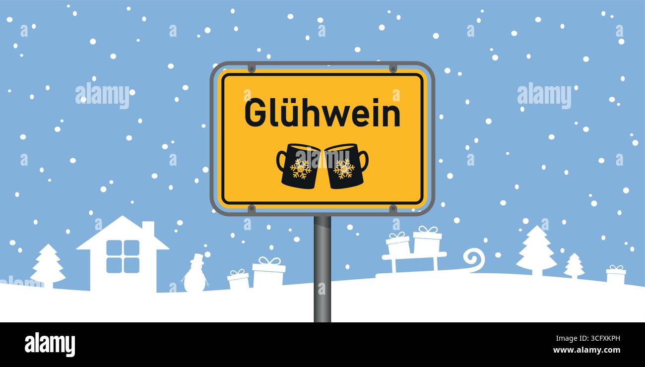 Platzieren Sie Schild mit deutschem Wort Glühwein in der verschneiten Winterlandschaft Vektor-Illustration Stock Vektor