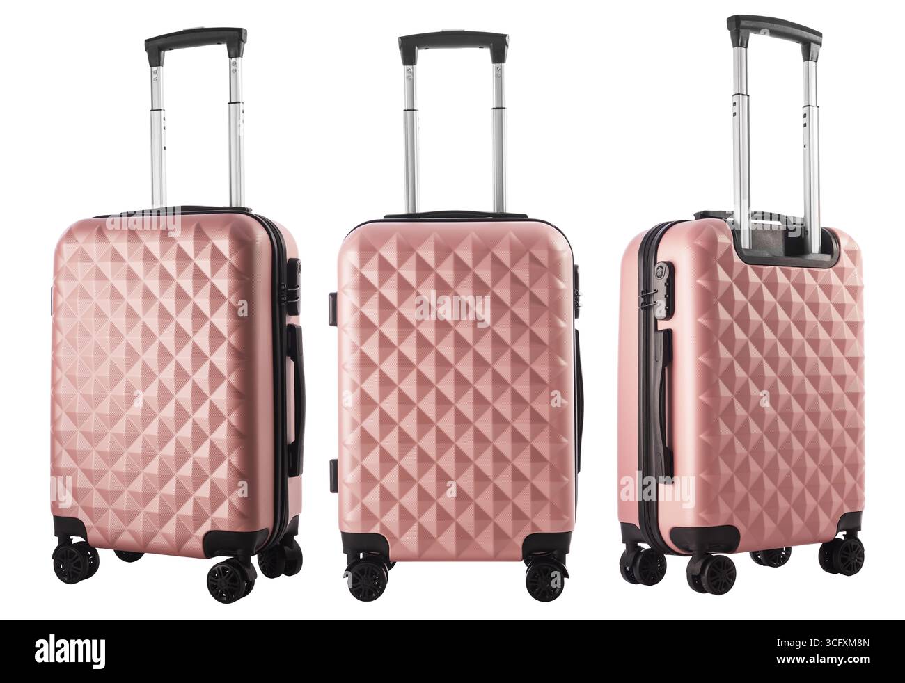 Moderner rosafarbener Reisekoffer mit strukturiertem Design, isoliert auf weißem Hintergrund Stockfoto