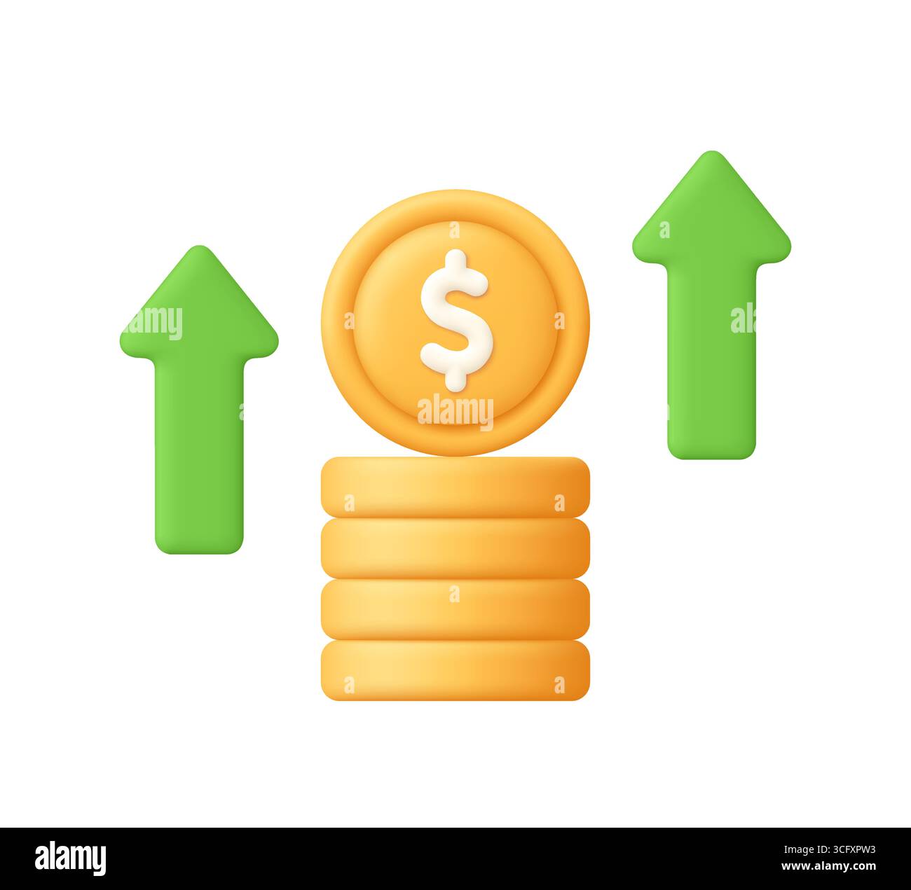 Stapel goldener Münzen mit einem Dollarsymbol und zwei grünen Pfeilen nach oben. Finanzwachstum, Einkommenssteigerung, Anlagerenditen, Gewinnsteigerung, Wirtschaft, Stock Vektor