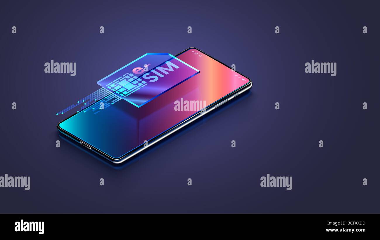 ESIM-Symbol über Mobiltelefon in 3D-Isometrie. Digitale virtuelle elektronische sim-Karte über Bildschirm eines modernen Smartphones. ESIM-Technologiekonzept. Stock Vektor