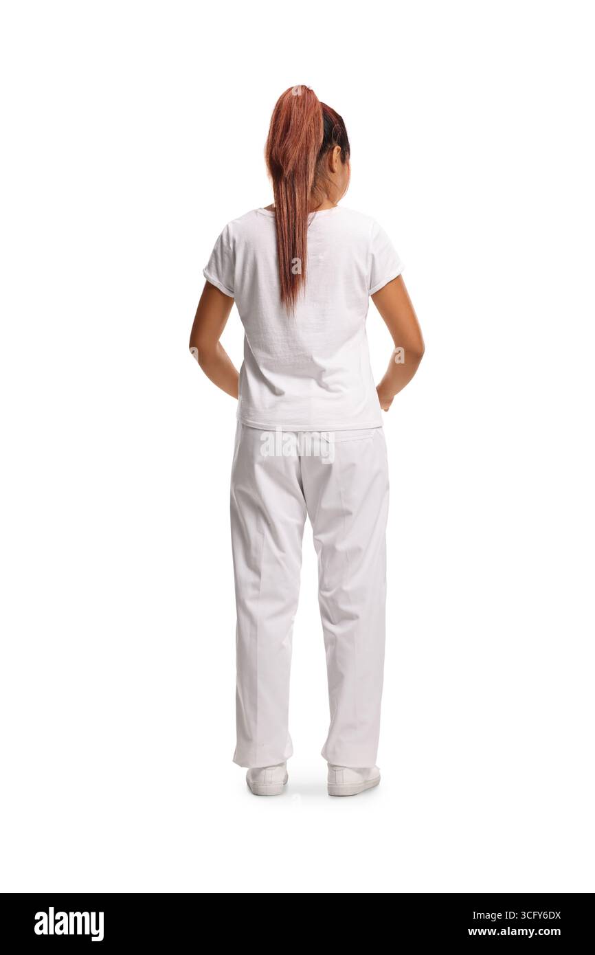 Rückansicht einer Massagetherapeutin isoliert auf weißem Hintergrund Stockfoto