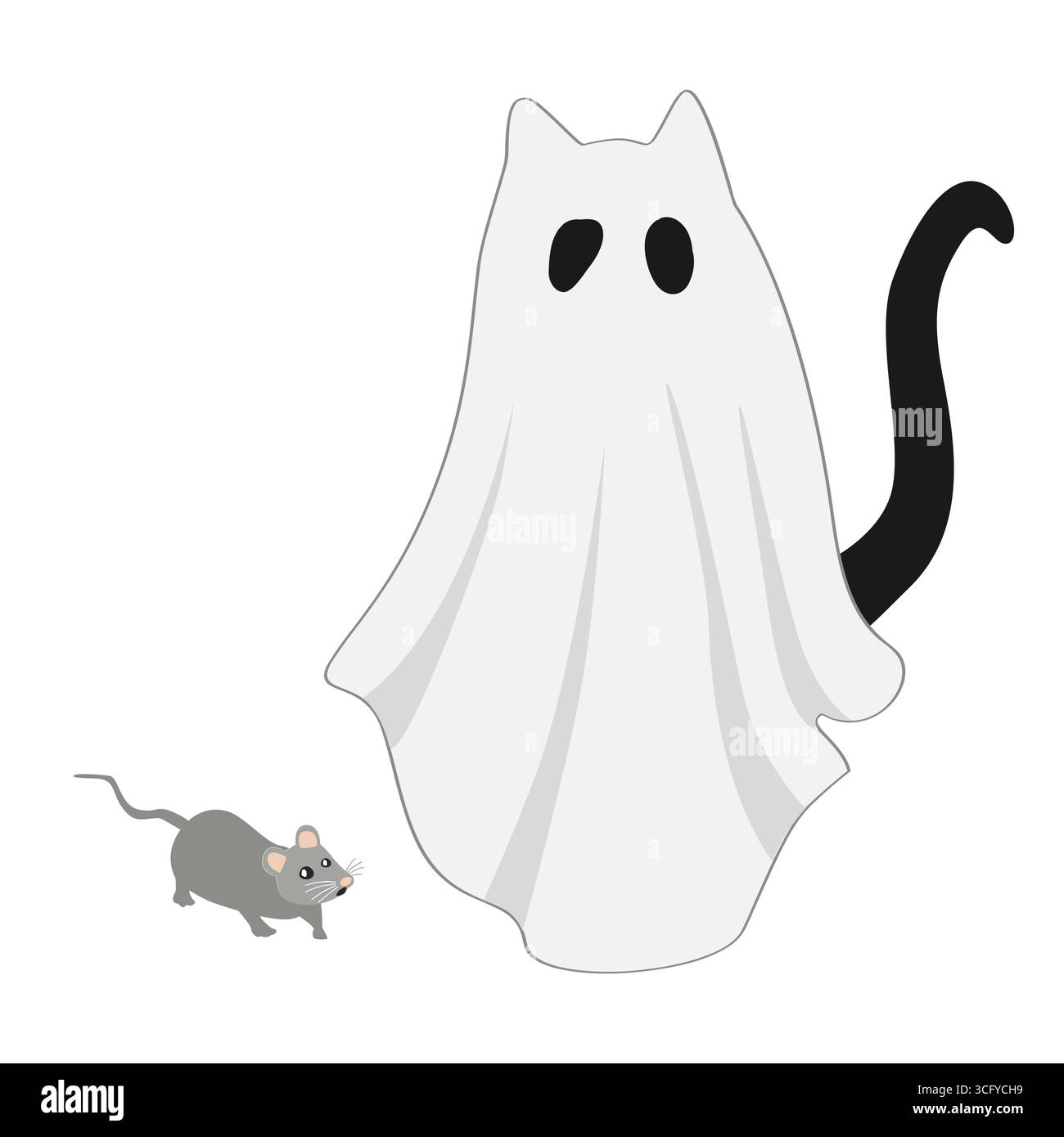 Lustige schwarze Halloween-Katze in weißem Laken, die eine Maus jagt. Isolierte Vektordarstellung Stock Vektor