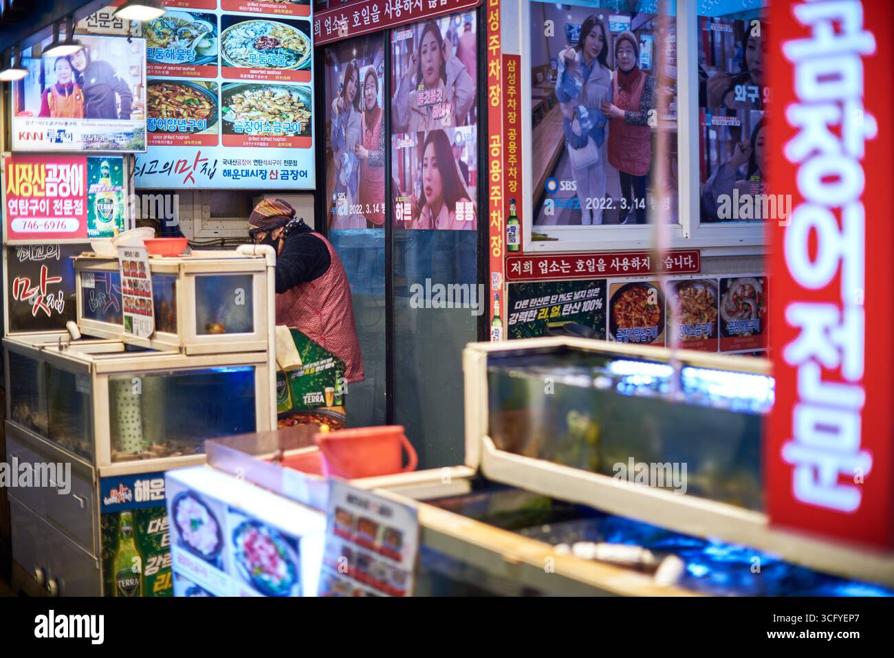 Belebter koreanischer Street-Food-Stand mit bunten Schildern und Fischtanks am 15. Februar 2023 in Busan, Südkorea Stockfoto