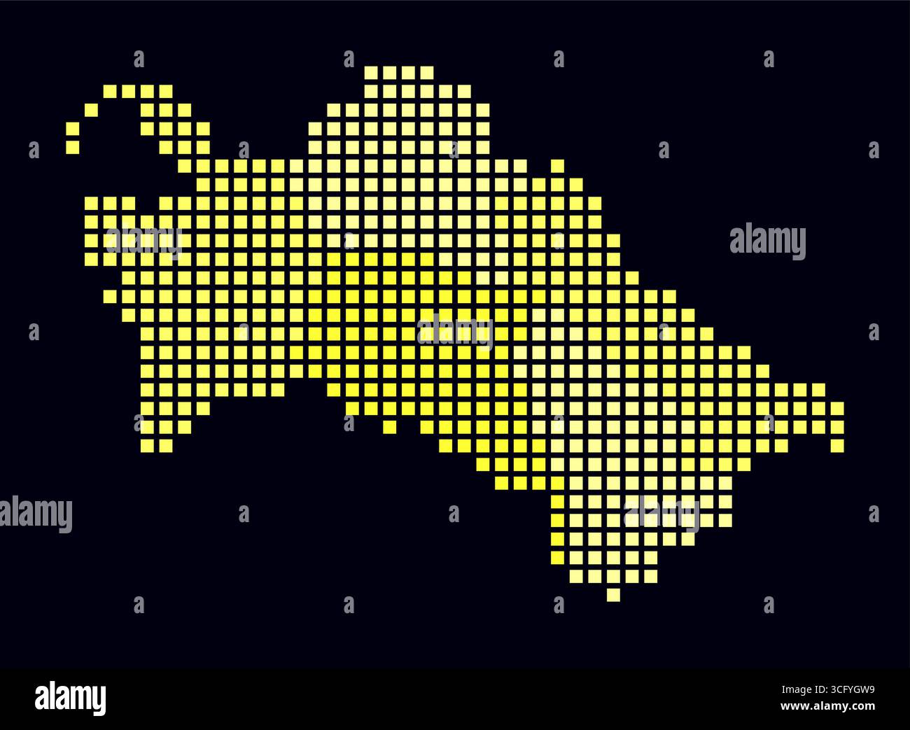 Turkmenistan gepunktete Karte. Digitale Landkarte des Landes auf dunklem Hintergrund. Turkmenistan-Form mit quadratischen Punkten. Farbige Punkte. Stock Vektor