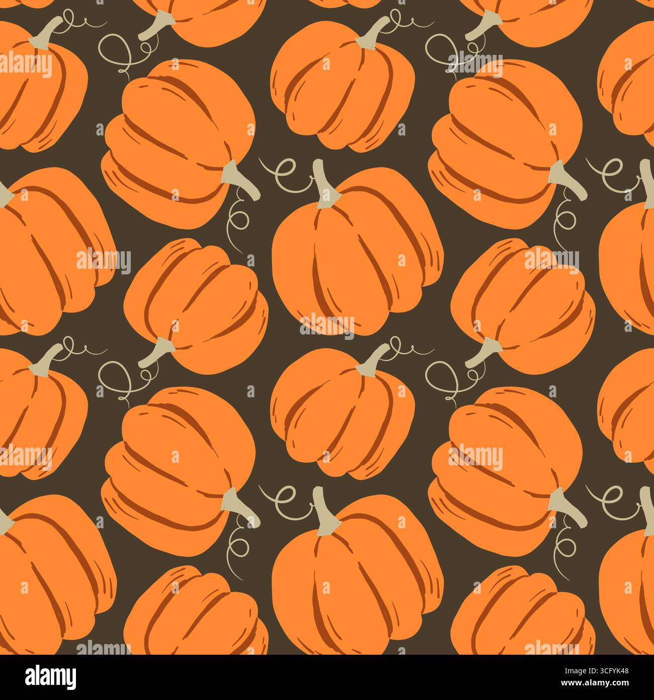 Niedliches nahtloses Muster mit großen orangefarbenen Kürbissen auf dunkelbraunem Hintergrund. Perfekt für Herbst, Halloween, Thanksgiving oder rustikale saisonale Designs. Stock Vektor