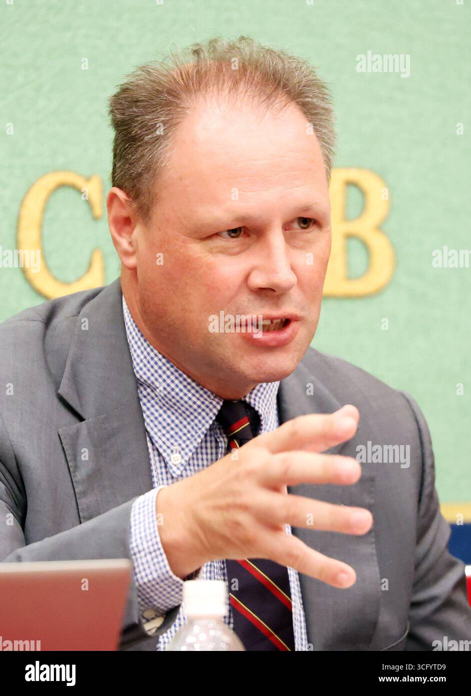 Tokio, Japan. August 2025. Am Montag, den 25. August 2025, spricht Philip Shetler-Jones, Senior Research Fellow des Royal United Services Institute (RUSI) im Japan National Press Club in Tokio. Am 28. Und 29. August findet im britischen Luftfahrzeugträger HMS Prince of Wales im Hafen von Tokio ein Verteidigungsmeeting des Pacific Future Forums statt. (Foto: Yoshio Tsunoda/AFLO) Stockfoto