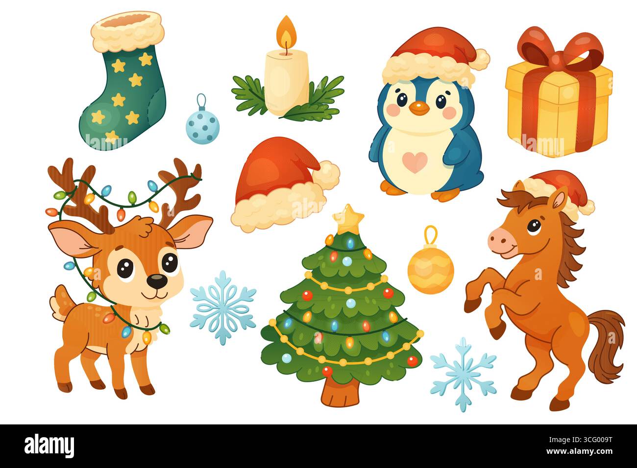 Sammlung festlicher Karikaturen, darunter Hirsch, Pinguin, Pferd, Geschenke, Weihnachtsbaum, und Ornamente in hellen Farben. Stock Vektor