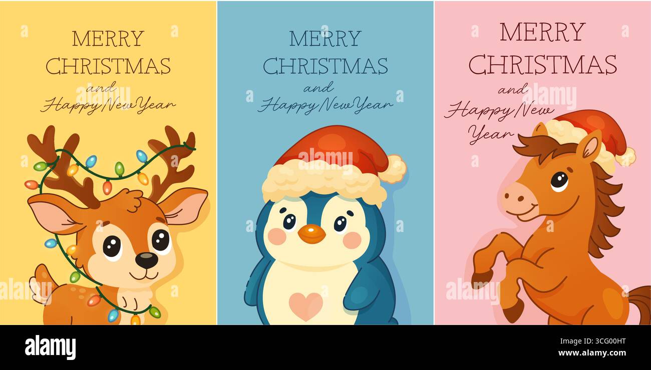 Set aus drei farbenfrohen Weihnachtskarten mit niedlichen Zeichentricktieren Rentier, Pinguin und Pony in Weihnachtsmützen und festlichen Motiven. Stock Vektor
