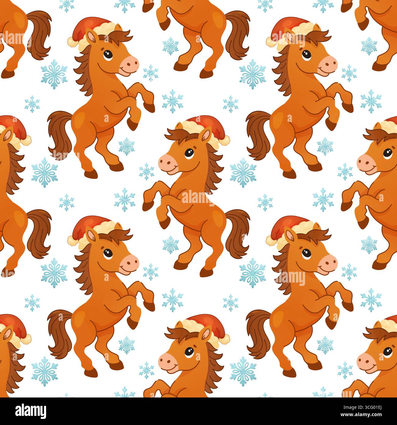 Nahtloses Vektormuster mit fröhlichen Cartoon-Ponys in Santa-Hüten mit blauen Schneeflocken auf einem weißen Hintergrund für Feiertagsdekor. Stock Vektor