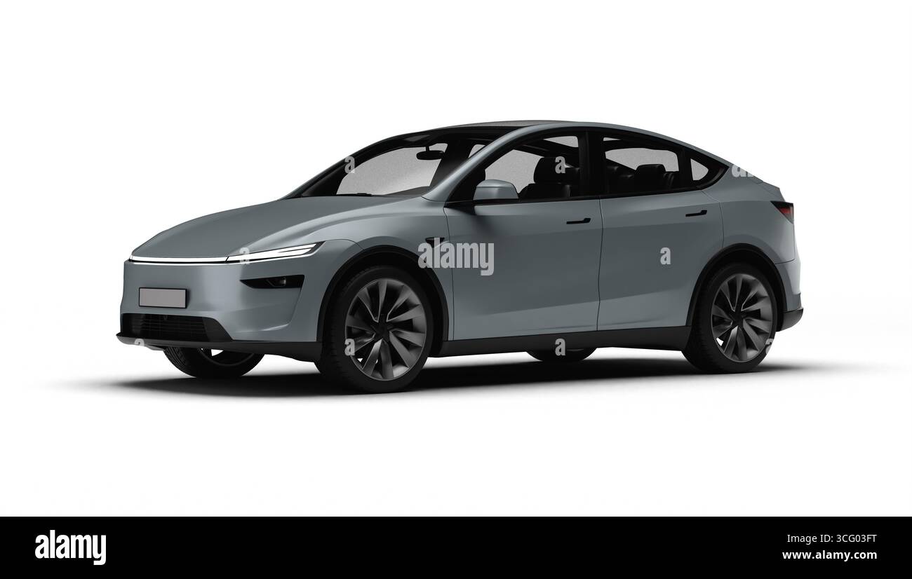 Izmir, Türkei - 25. August 2025: Realistisches 3D-Rendering eines grauen 2025 Tesla Model Y, leichte linke Vorderansicht, weißer Hintergrund. Stockfoto