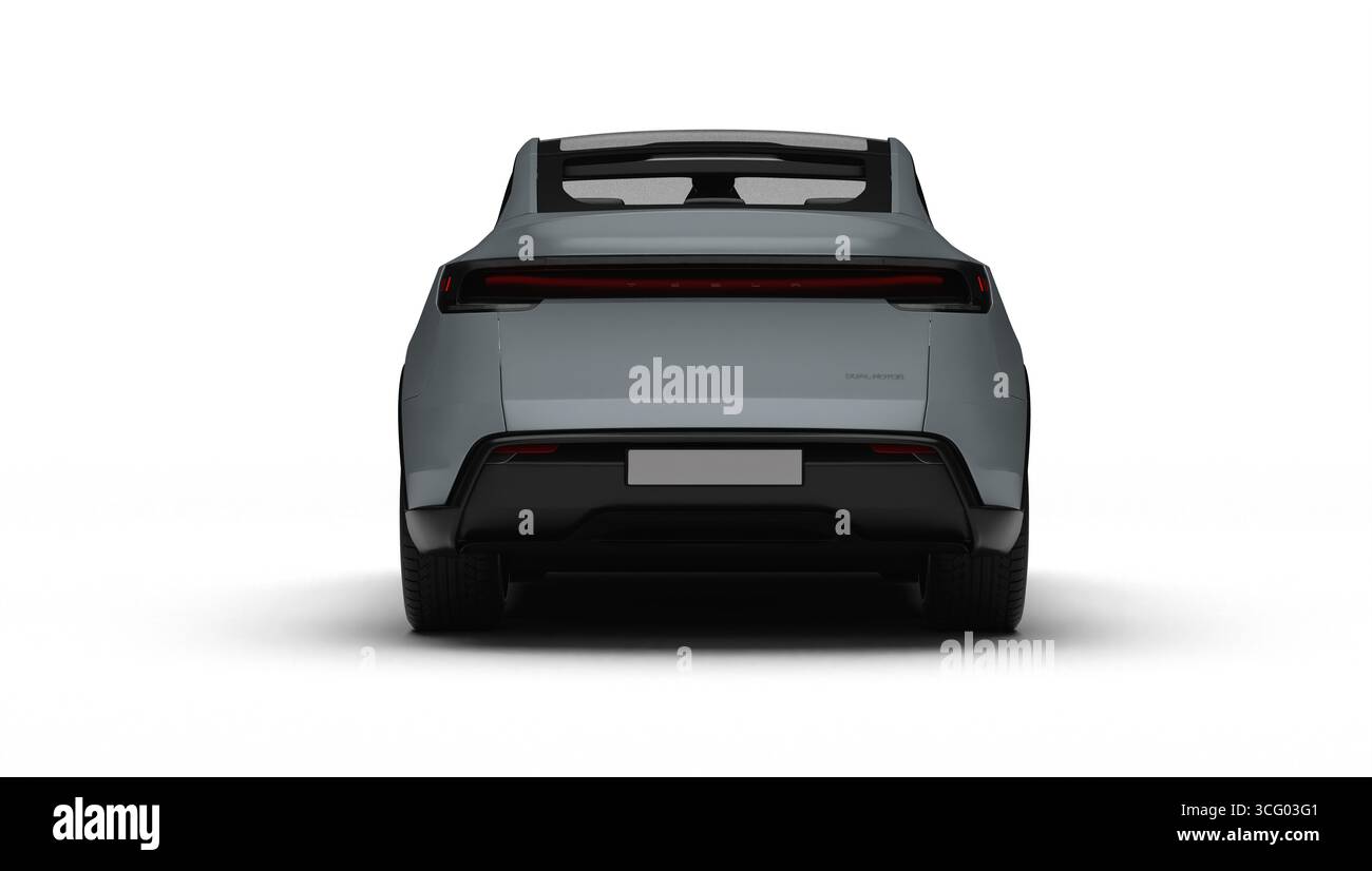 Izmir, Türkei - 25. August 2025: Realistisches 3D-Rendering eines grauen 2025 Tesla Model Y, vollständige Rückansicht, weißer Hintergrund. Stockfoto
