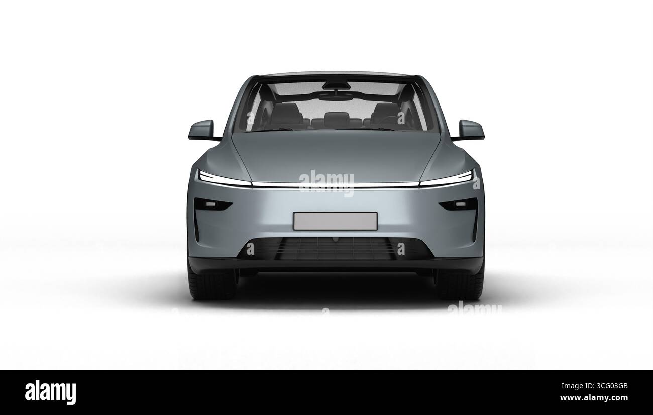 Izmir, Türkei - 25. August 2025: Realistisches 3D-Rendering eines grauen 2025 Tesla Model Y, vollständige Vorderansicht, weißer Hintergrund. Stockfoto
