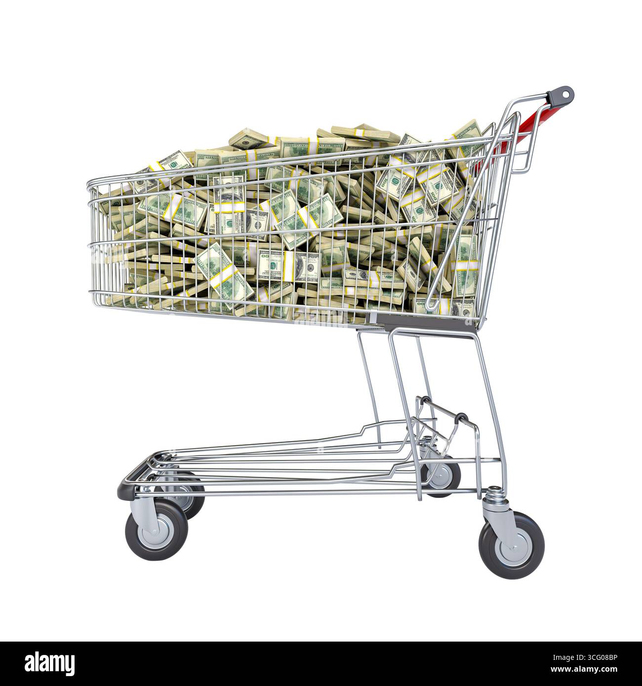 Warenkorb 3D US-Dollar-Banknoten transparenter Hintergrund Stockfoto