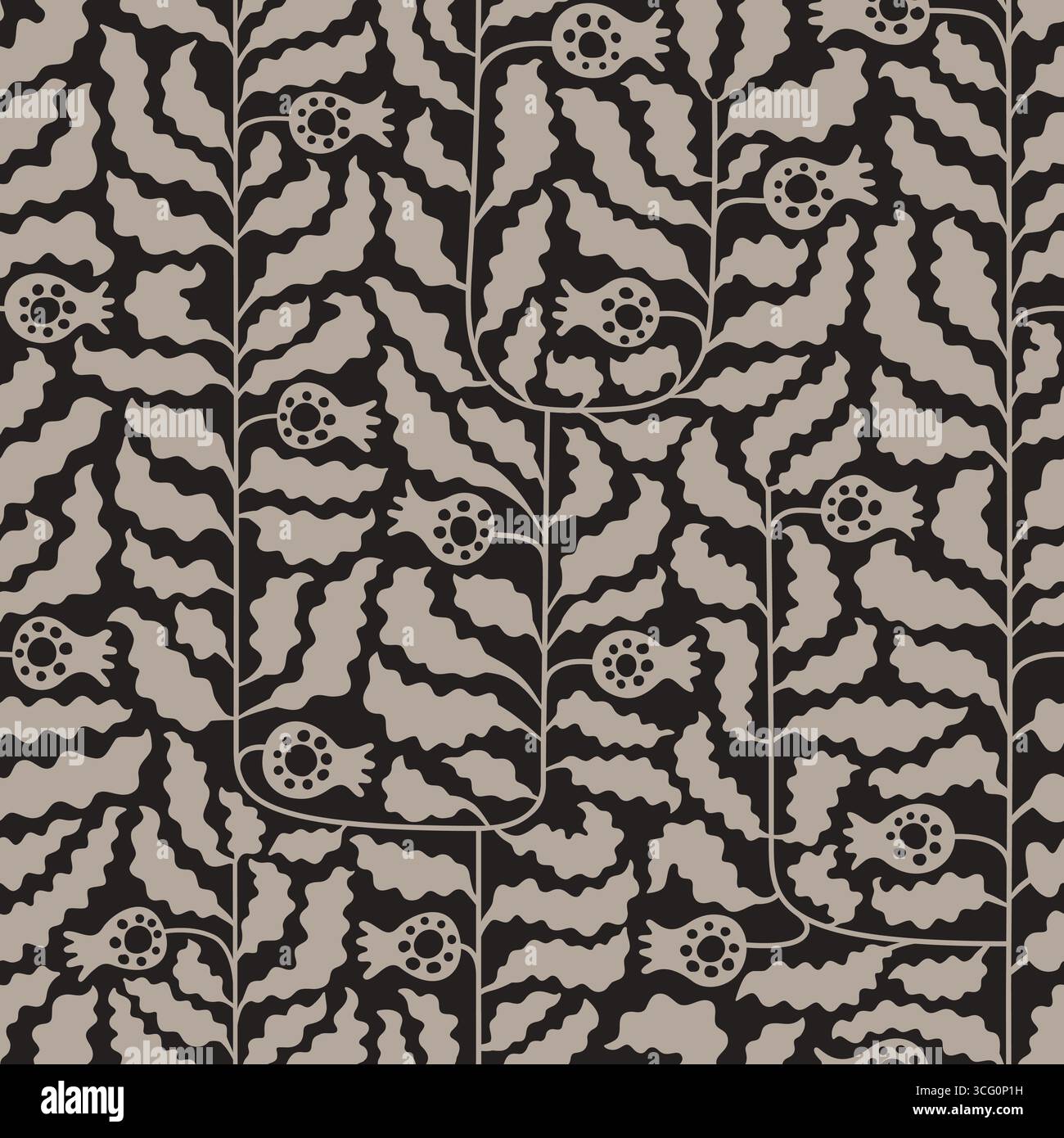 Abstraktes monochromes geometrisches botanisches Granatapfelblatt-Vektor-nahtloses Muster. Schwarze, weiße Blätter, Früchte, Beeren Hintergrund Design für Spa Stock Vektor