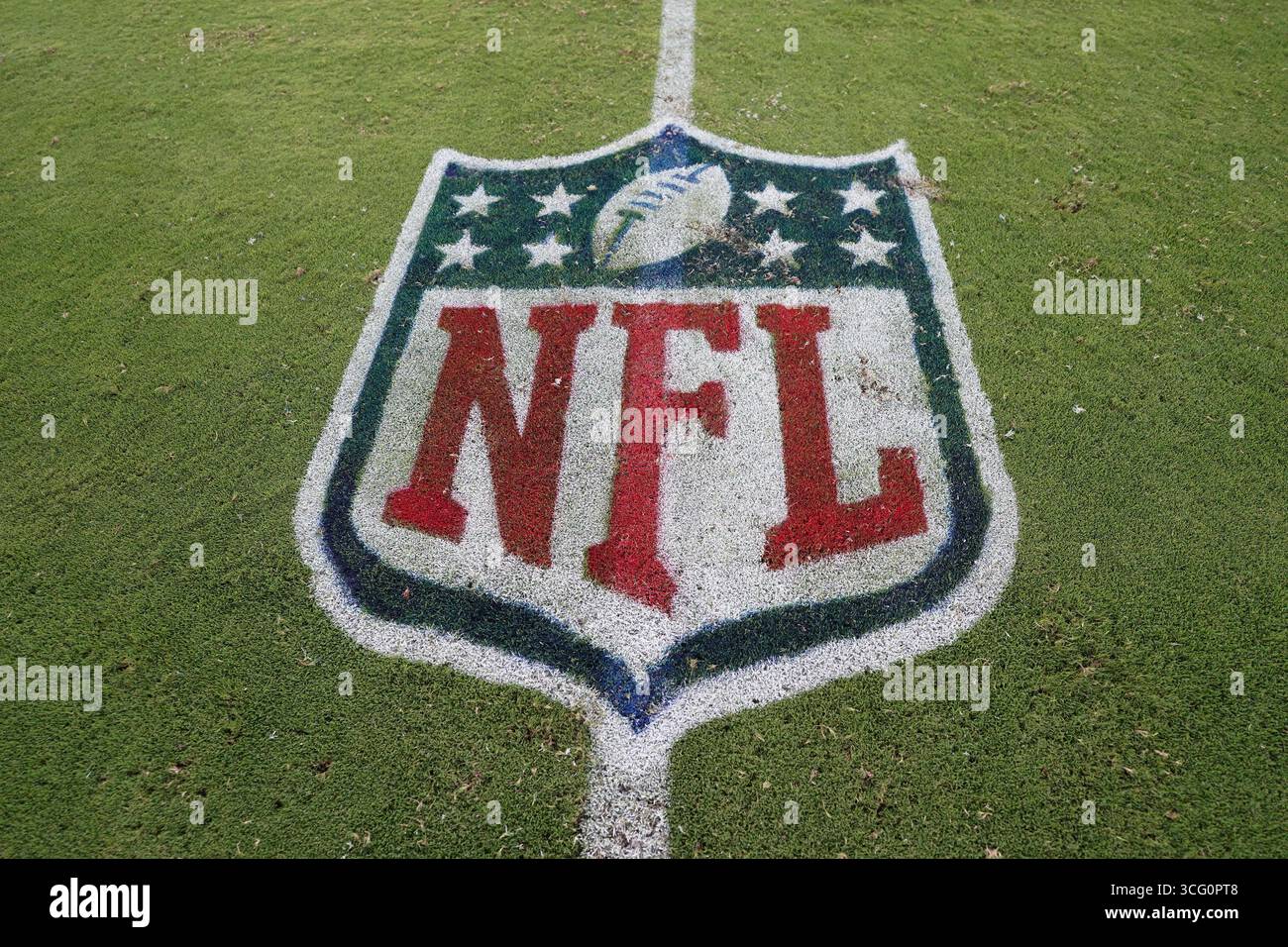 Ein Blick von oben auf das NFL-Schild-Logo, das auf der Spielfläche des Grases gemalt ist. Stockfoto