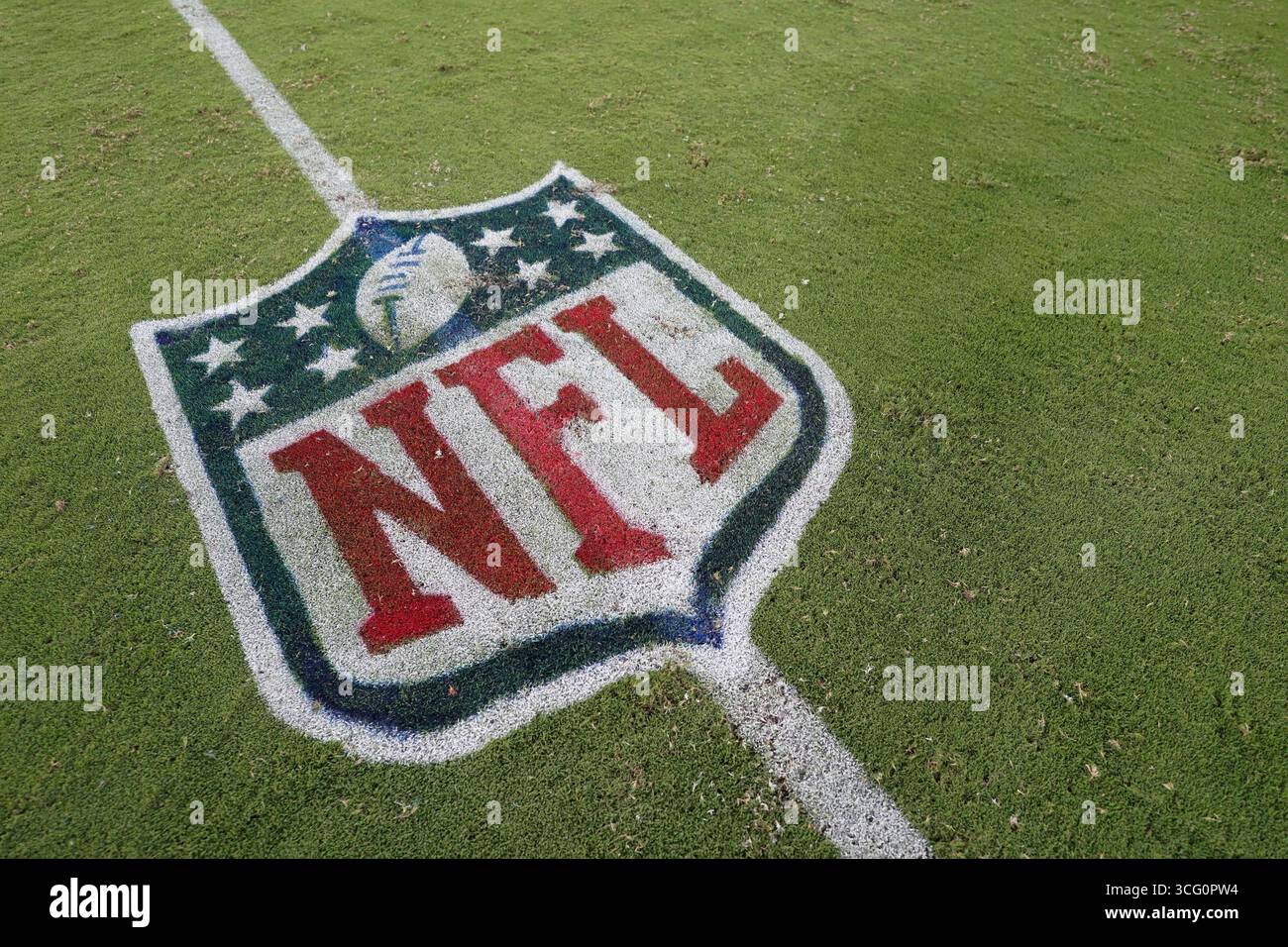 Ein Blick von oben auf das NFL-Schild-Logo, das auf der Spielfläche des Grases gemalt ist. Stockfoto