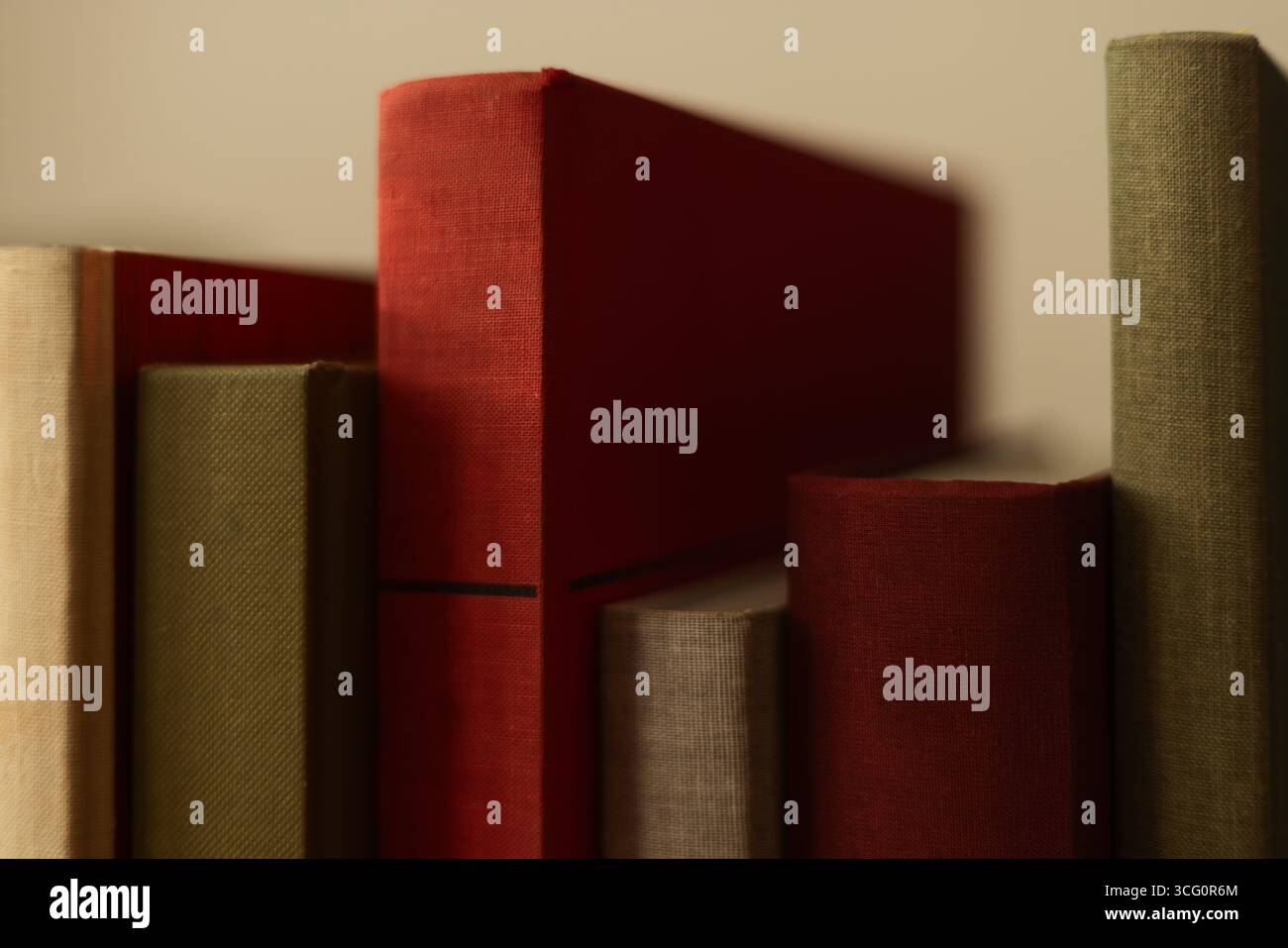 Eine Reihe von Vintage-Büchern mit verschiedenen Farben und Texturen steht zusammen auf einem Regal. Die sanfte Beleuchtung hebt die verschiedenen Wirbelsäulen hervor. Stockfoto