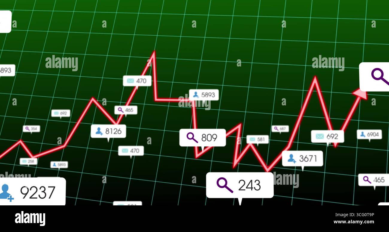 Anzeige eines roten Zickzackdiagramms auf dem grünen Gitter-Dashboard mit Lupen-, Benutzer- und Hüllkurvensymbolen Stockfoto