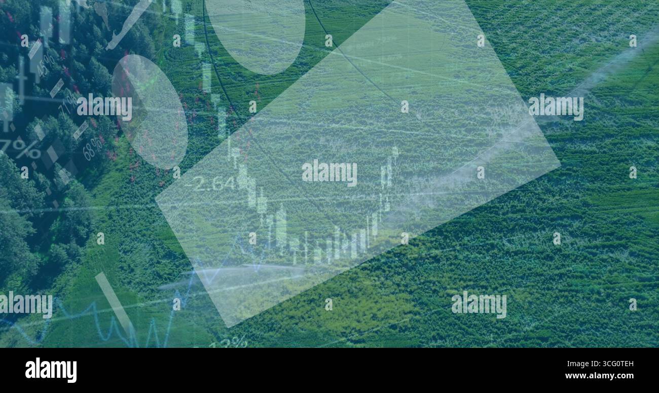 Überlagerung der Ackerlandansicht mit lichtdurchlässigen Kerzendiagrammen, Liniendiagrammen und Prozentsätzen Stockfoto