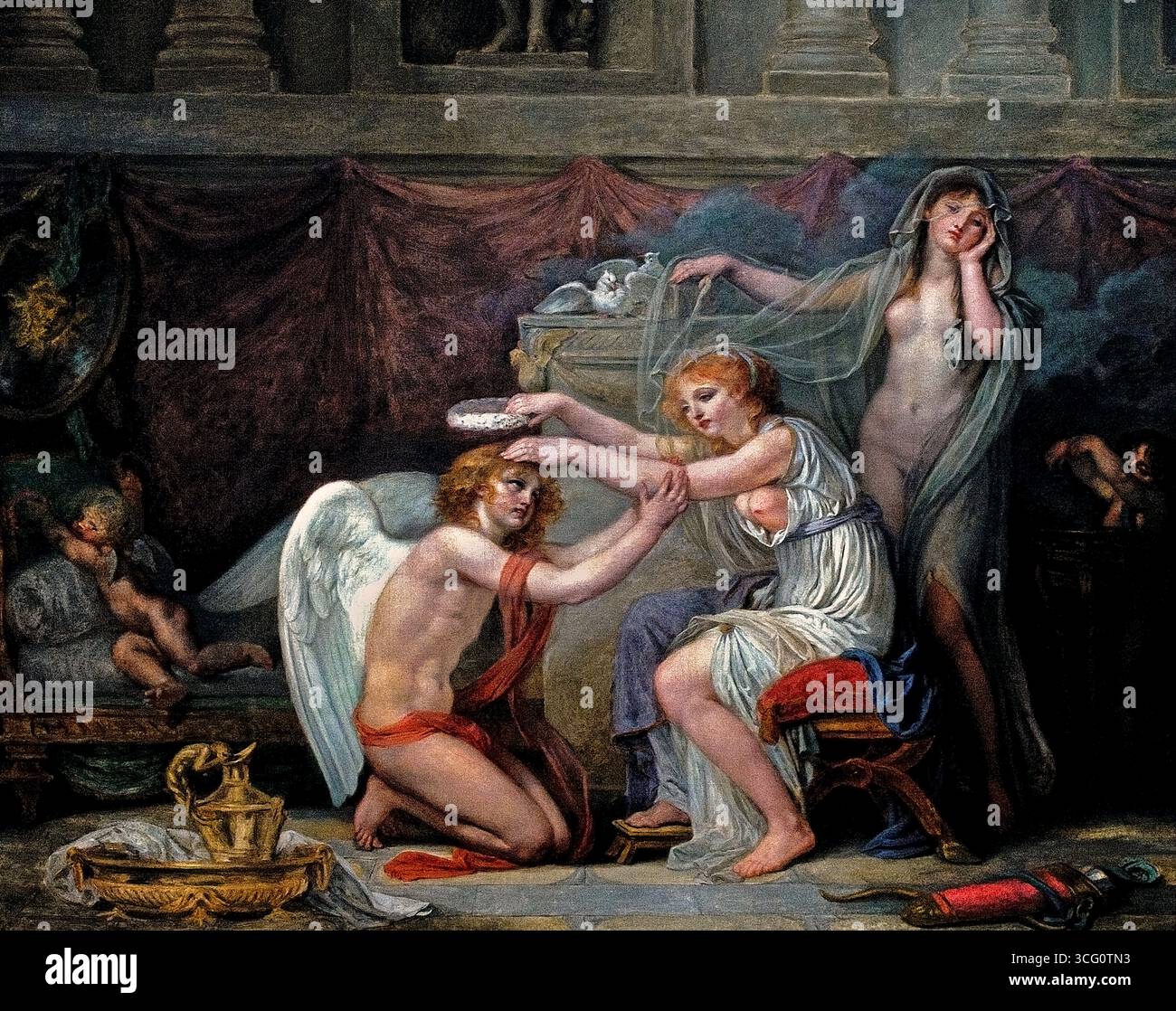 Psyche Krönung der Liebe von Jean Baptiste Greuze 1725-1805France French Lille Museum France. („Psyche Krönung der Liebe“ bezieht sich auf den Titel von Kunstwerken, die Psyche zeigen, die eine Krone auf dem Kopf von Cupid platziert, was den Triumph ihrer Liebe und Reinheit über die göttliche Kraft der Liebe selbst darstellt, abgeleitet vom römischen Mythos von Cupid und Psyche. Die bekannteste Darstellung ist ein Rokoko-Gemälde von Jean-Baptiste Greuze. Stockfoto