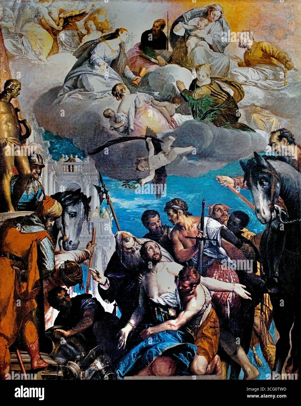 Das Martyrium des Heiligen Georges durch Veronese. (Paolo Caliari) 1528-1588 Italien Italienisches Lille Museum Frankreich. Das Martyrium des Heiligen Georg ereignete sich um den 23. April 303 n. Chr. während der diokletianischen Verfolgung, als er gefoltert und enthauptet wurde, weil er sich weigerte, an einem heidnischen Opfer teilzunehmen. Geboren in einer christlichen Familie in Kappadokien, trat Georg der römischen Armee unter Kaiser Diokletian bei, widersetzte sich aber öffentlich dem Befehl des Kaisers, Christen zu verfolgen. Seine Weigerung führte zu seiner Inhaftierung, Folter und schließlich zu seiner Hinrichtung in Palästina, was ihn zu einem frühen und verehrten christlichen Märtyrer machte. Stockfoto Das Martyrium des Heiligen Georges durch Veronese. (Paolo Caliari) 1528-1588 Italien Italienisches Lille Museum Frankreich. Das Martyrium des Heiligen Georg ereignete sich um den 23. April 303 n. Chr. während der diokletianischen Verfolgung, als er gefoltert und enthauptet wurde, weil er sich weigerte, an einem heidnischen Opfer teilzunehmen. Geboren in einer christlichen Familie in Kappadokien, trat Georg der römischen Armee unter Kaiser Diokletian bei, widersetzte sich aber öffentlich dem Befehl des Kaisers, Christen zu verfolgen. Seine Weigerung führte zu seiner Inhaftierung, Folter und schließlich zu seiner Hinrichtung in Palästina, was ihn zu einem frühen und verehrten christlichen Märtyrer machte. Stockfoto