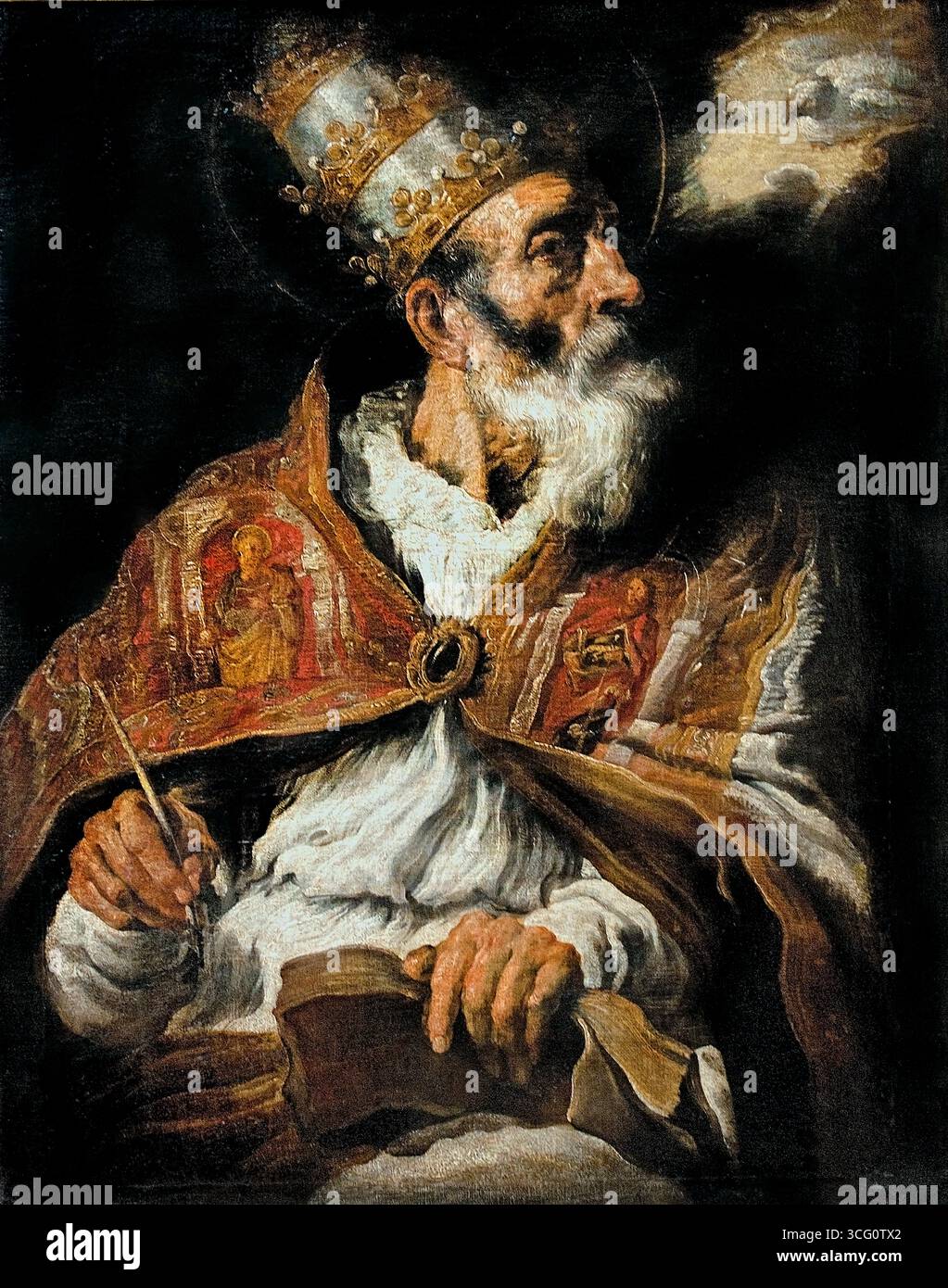 Saint Gregor der große von Domenico Fetti 1589-1623 Venedig Italien ItalienLille Museum Frankreich. („Heiliger Gregor der große“ bezieht sich auf Papst Gregor I., einen Papst von 590 bis 604 n. Chr., der dafür bekannt war, das mittelalterliche Papsttum zu gründen, Klöster neu zu organisieren und die Gregorianische Mission zu initiieren. Nach seinem Tod wurde er von der Bevölkerung als „der große“ bezeichnet, was dazu führte, dass er offiziell als heiliger und Doktor der Kirche anerkannt wurde. Er organisierte und kodifizierte auch den gregorianischen Gesang. Stockfoto