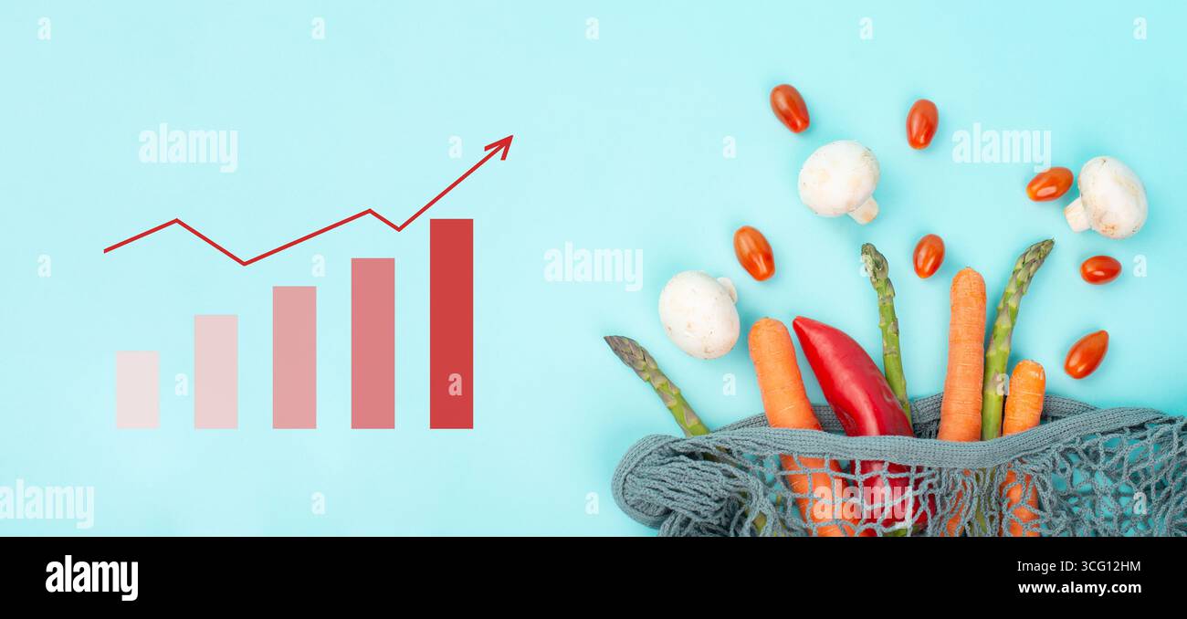 Lebensmitteleinkäufe, Frisches Gemüse Kaufen, Lebensmittelpreise Erhöhen, Hohe Lebenshaltungskosten Und Inflation, Tomaten, Spargel, Pilze Und Karotten Stockfoto