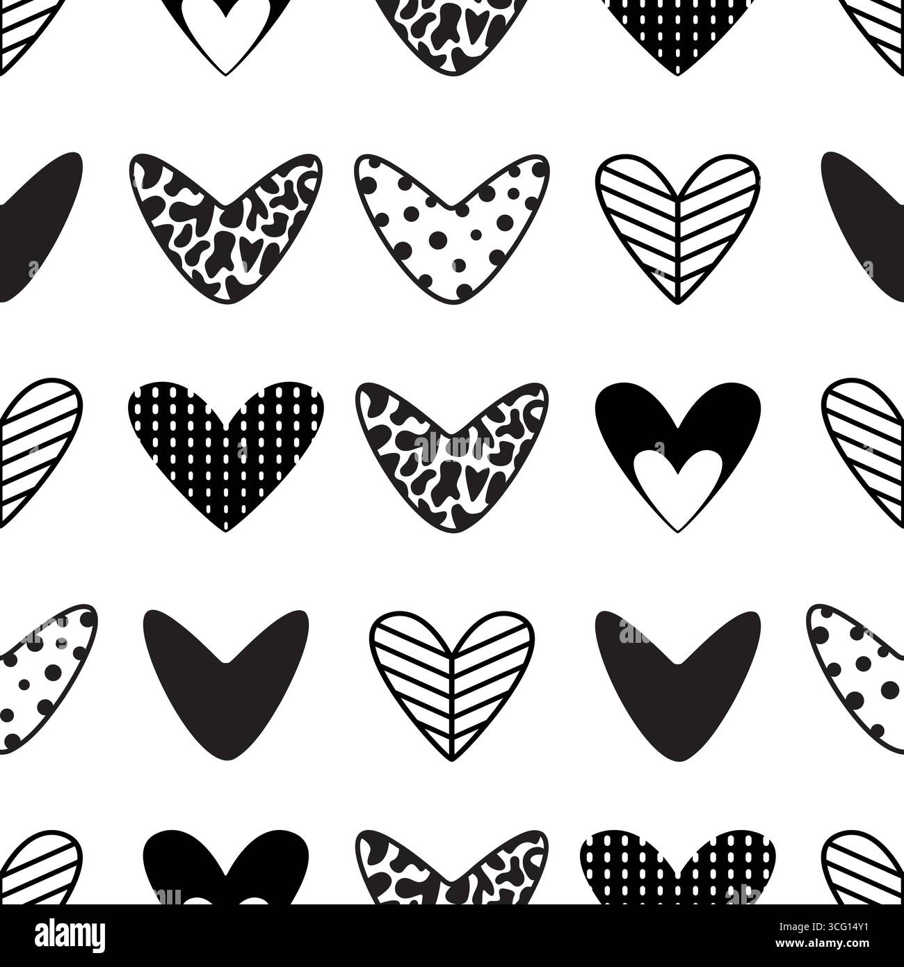 Nahtloses Vektor-Muster, niedliche Herzen gefüllt mit verschiedenen Mustern, monochromer endloser Hintergrund Stock Vektor