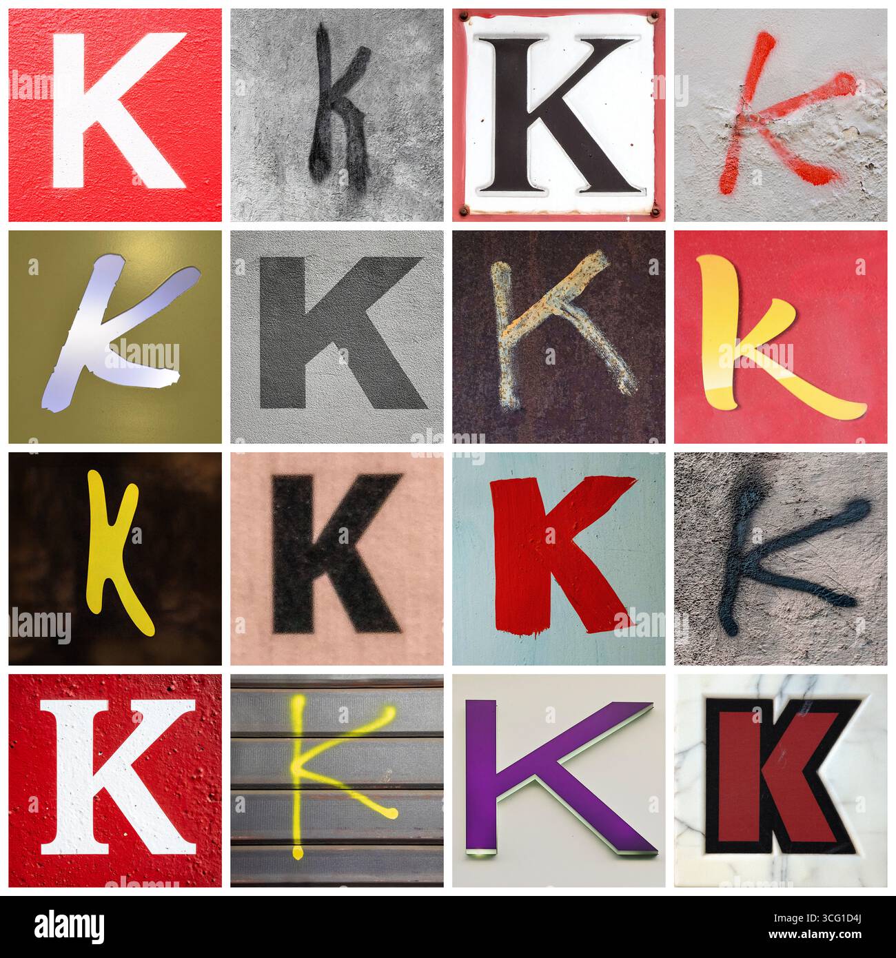 Sammlung von 16 Serifen- und san Serif-K-Buchstaben, aufgenommen auf städtischen Straßen Stockfoto