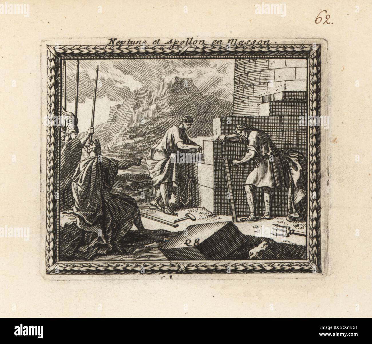 Apollo und Neptun verwandelten sich in Maurer, um die Mauern Trojas zu errichten. König Laomedon führt die Götter an, während sie die massiven Steinmauern bauen. Apollo mit seiner Leier verwendet eine Kreide auf einem großen Stein, während Neptun eine Lotlinie verwendet, um die vertikale an der Wand zu überprüfen. Nepture et Apollon en Masson. Kupferstich aus Metamorphoses d’Ovide en Rondeaux, Ovid’s Metamorphoses, chez Audran, Paris, 1676. Stockfoto