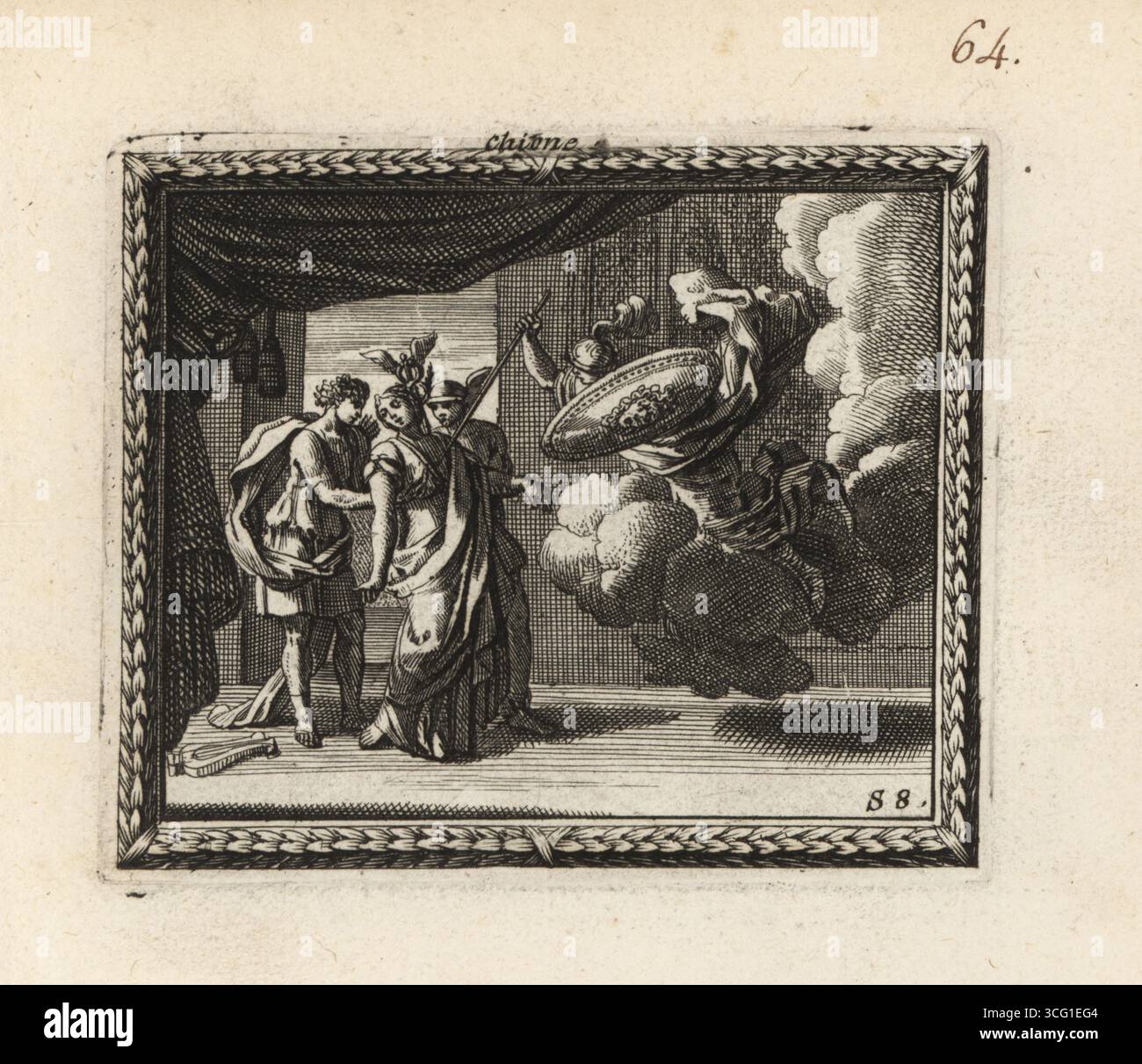 Die Jägergöttin Diana tötet Chione, Tochter von König Daedalion. Chione war Mutter von Zwillingen der Götter Mercury und Apollo, Diana war wütend über ihren Stolz und ihre Arroganz. Diana schwimmt auf einer Wolke, mit Helm und Schild, greift Chione mit einem Pfeil an. Chione wird von Apollo mit Leier, Quecksilber mit geflügeltem Helm und Caduceus unterstützt. Chione. Kupferstich aus Metamorphoses d’Ovide en Rondeaux, Ovid’s Metamorphoses, chez Audran, Paris, 1676. Stockfoto