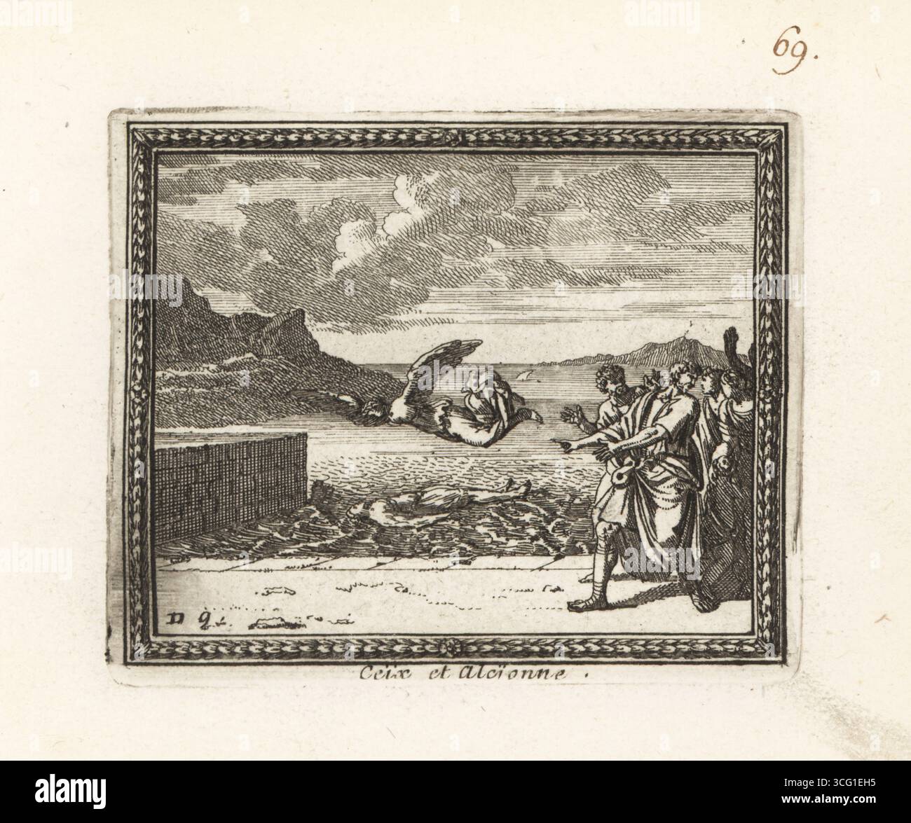 Ceix und Alcyone verwandelten sich nach ihrem Tod in Vögel. Nachdem Ceix in einem Sturm bei einem Schiffswrack starb, ertrank seine Frau Alcyone in Verzweiflung. Beide wurden von Jupiter in Halcyons oder Königsfischer verwandelt. Alcyone stürzte sich ins Meer, als Ehemann Ceix ertränkte Leiche sah. Ceix et Alcyonne en Alcyons. Kupferstich aus Metamorphoses d’Ovide en Rondeaux, Ovid’s Metamorphoses, chez Audran, Paris, 1676. Stockfoto