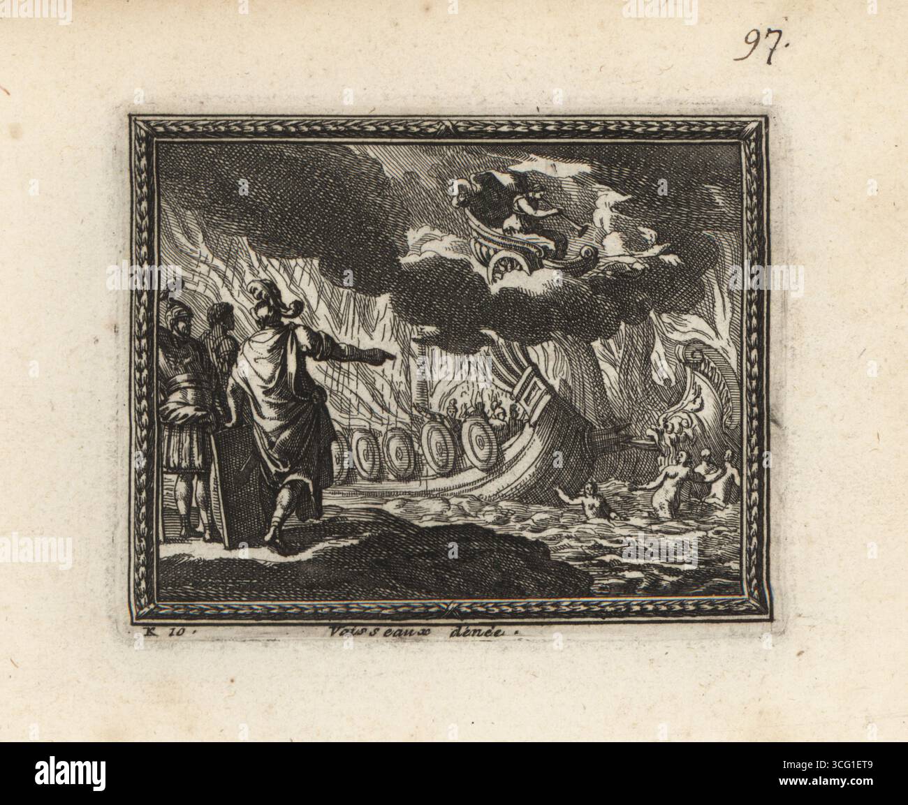 Vaisseaux d'Enee en nimphes. Kupferstich aus Metamorphoses d’Ovide en Rondeaux, Ovid’s Metamorphoses, chez Audran, Paris, 1676. Stockfoto