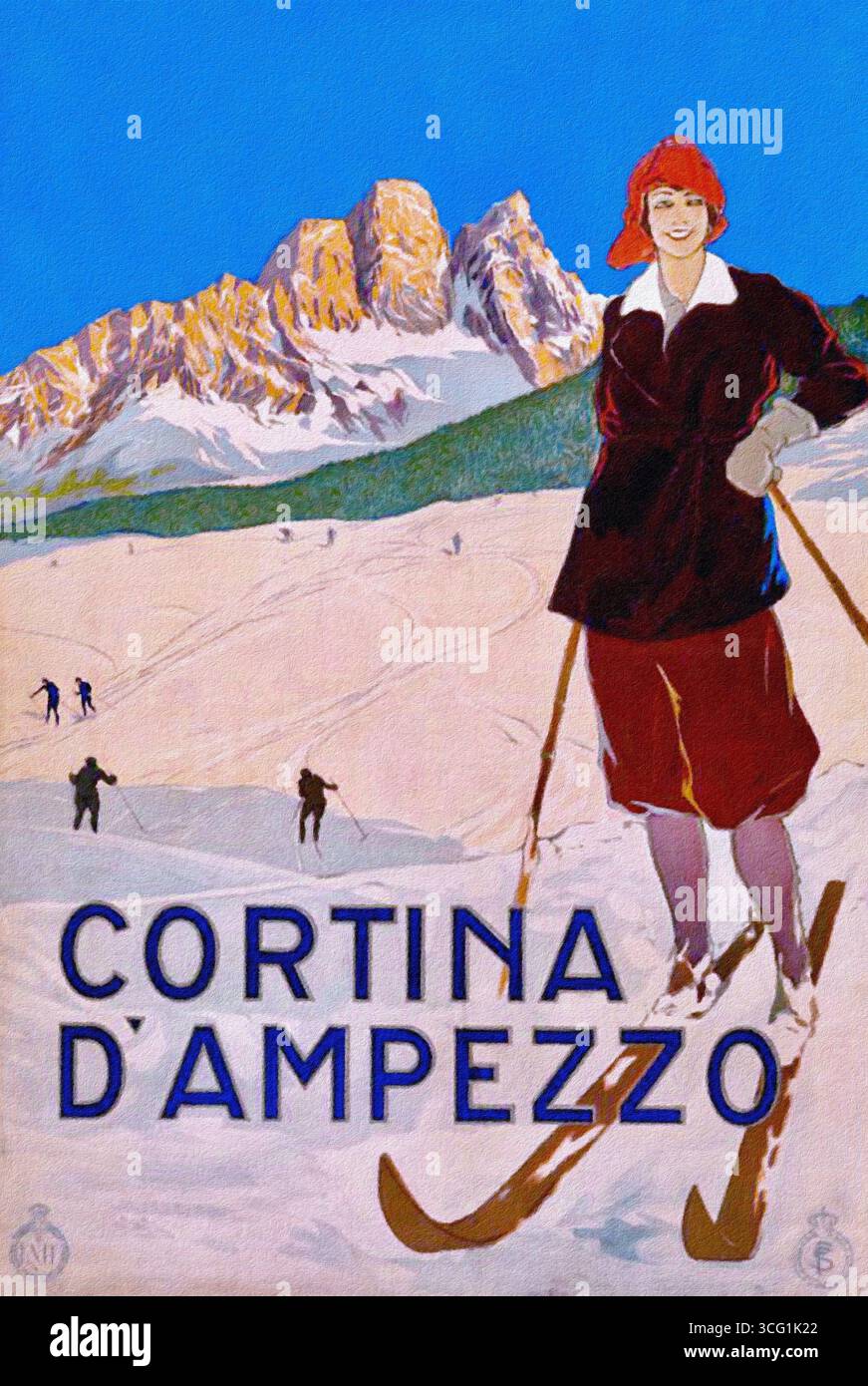 Vintage-Reiseposter Cortina d'Ampezzo, Italien. Stockfoto