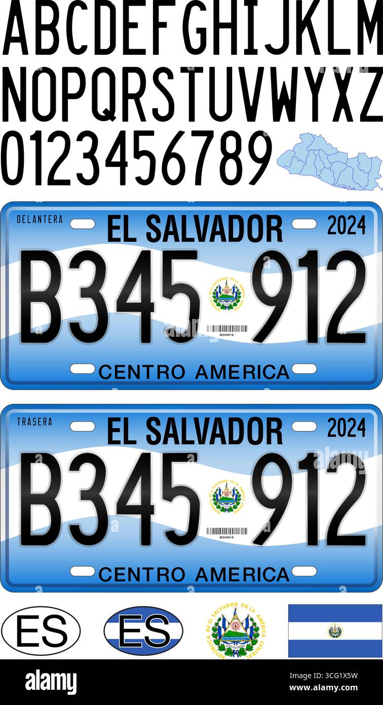 El Salvador Autokennzeichen Muster, Buchstaben, Zahlen und Symbole, Vektorillustration, zentralamerikanisches Land Stock Vektor
