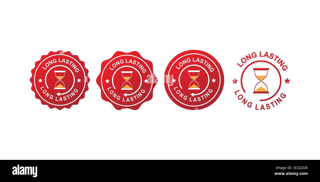 Set mit langlebigem Strapazierfähigkeits-Emblem. Symbol für Dauerhaltbarkeitsgarantie. Stock Vektor