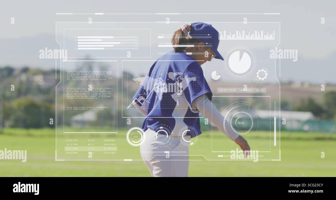 Walking Athlet, der im Außenfeld blaue Kappe anzieht, blaue Baseballuniform trägt und HUD zeigt Stockfoto