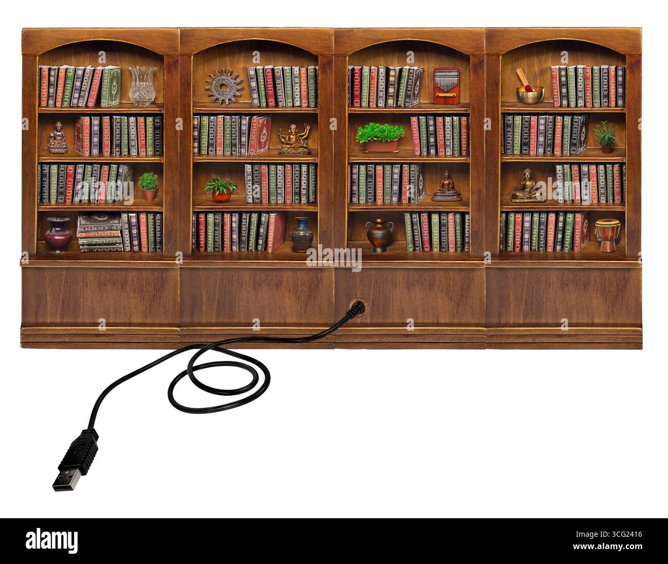 USB-Anschluss an einem hölzernen Bücherregal mit abgerundeter Oberseite mit einer Vielzahl von Büchern, um Online-Recherchemöglichkeiten anzuzeigen Stockfoto