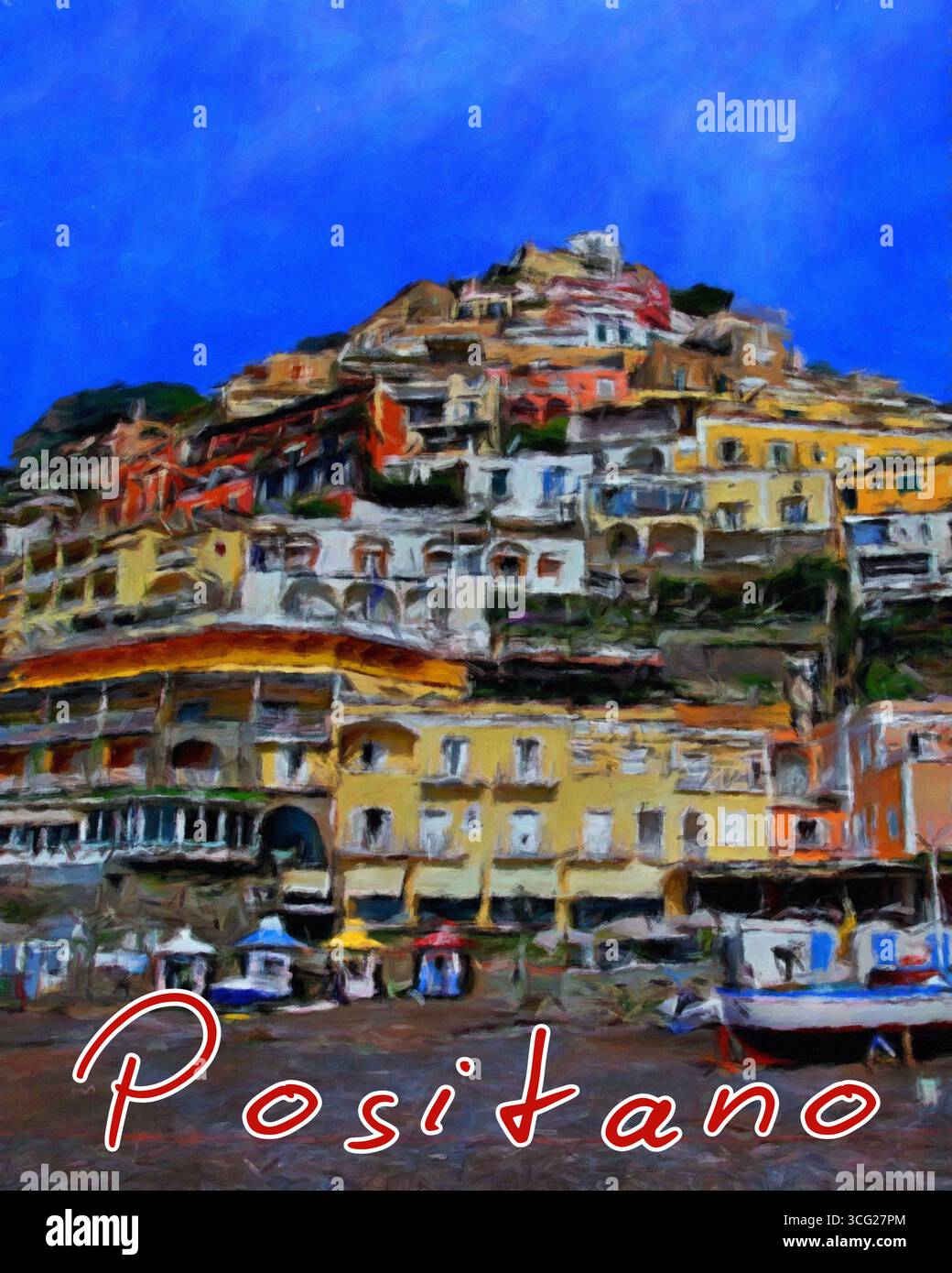 Positano, Kampanien, Italien, Reiseposter. Stockfoto