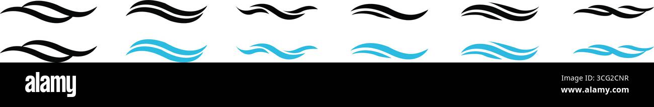 Symbolgruppe „Kurven“. Symbole für Meereswellen-Linien. Einfache Kollektion mit blauen Wellensymbolen. Wasserdesign-Konzept. Stock Vektor