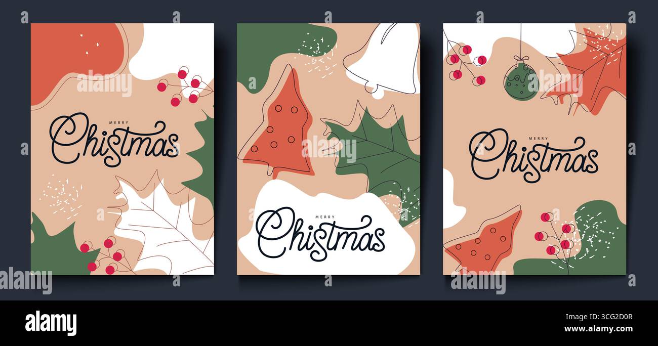 Weihnachtsgrußkarten mit abstrakten Blättern, Beeren und Weihnachtssymbolen Stock Vektor