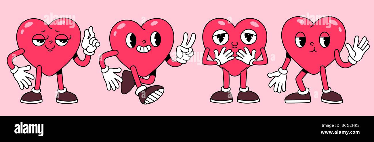 Groovige Herzfiguren mit Beinanimationen, Retro-Maskottchen und Handgesten für valentinskunst. Rote Kawaii Liebesfiguren Emoticons für Aufkleber oder romantische Grußkarten. Stock Vektor