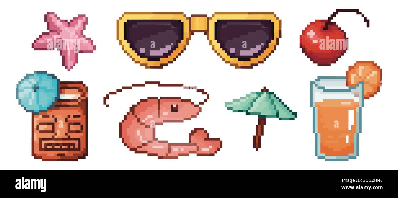 Pixelsommeraufkleber mit Seesternen, Sonnenbrille und Garnelen für Strandurlaubsspiele. 8-Bit-Tiki-Maske, Kirsche, Palmenschirm und orangenes Cocktailglas. Tropische Retro-Ikonen für Partys am Meer. Stock Vektor