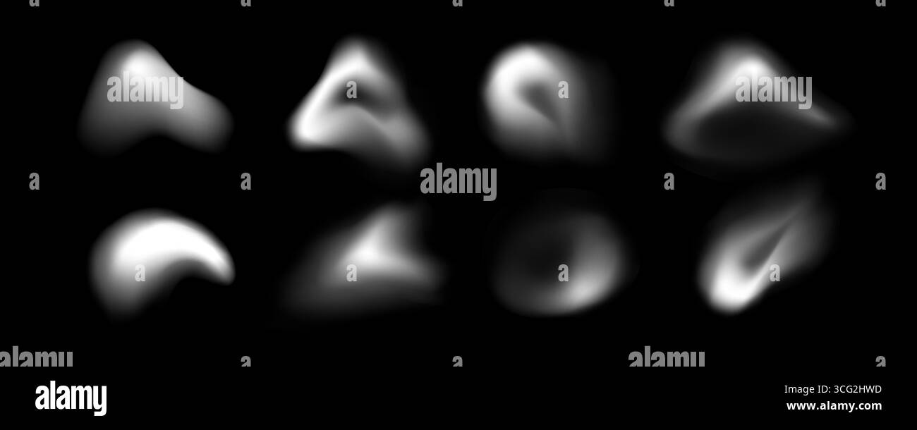 Blob-Kollektion mit weichen weißen Farbverläufen auf schwarzem Hintergrund für abstraktes Design und Überlagerungseffekte. Glatte, moderne organische Elemente mit diffusen, unscharfen Kanten und leuchtenden Flecken Stock Vektor