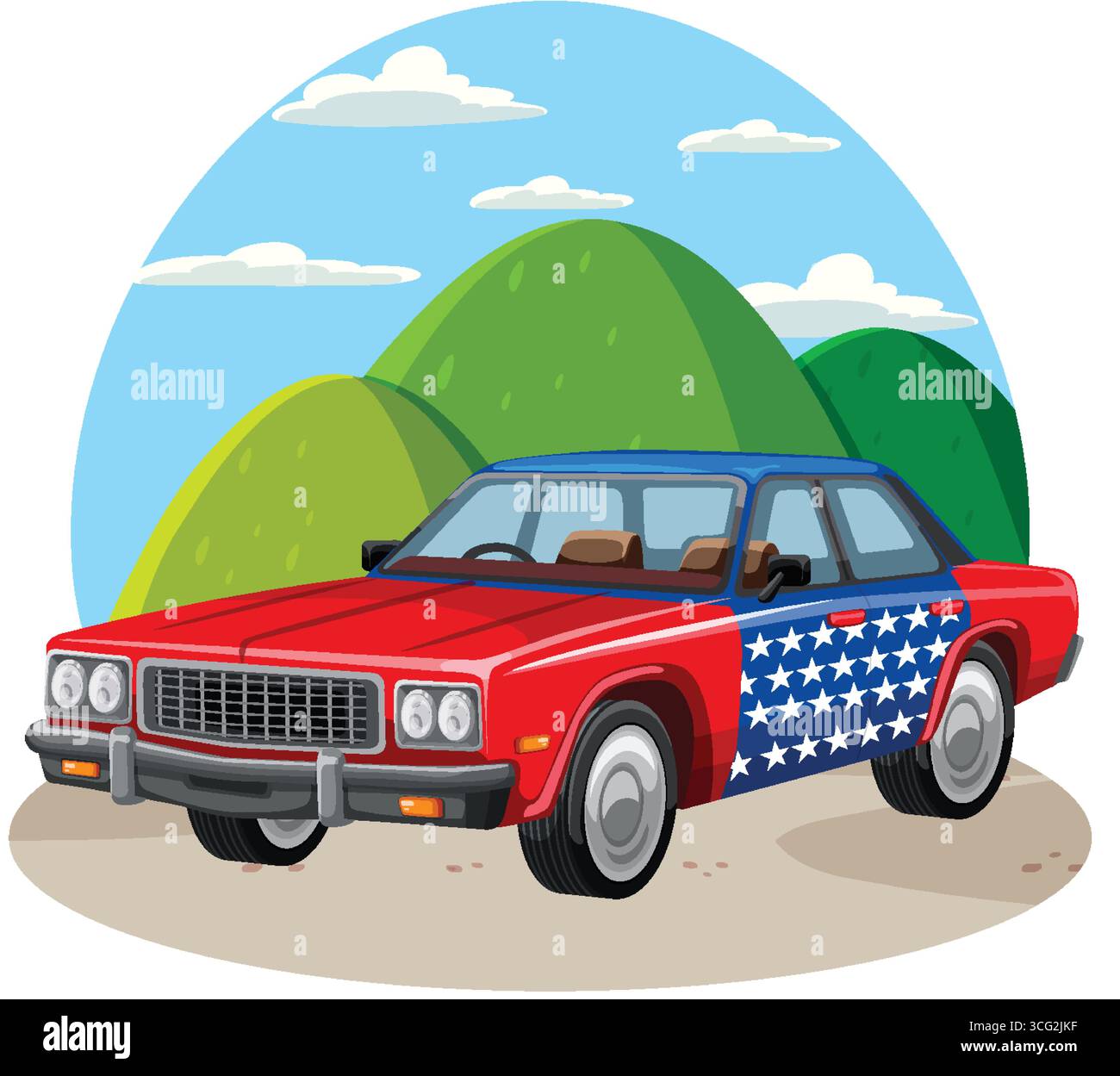 Rote Vintage-Limousine mit blauen und weißen Sternen auf der Straße, grüne Hügel, blauer Himmel. Stock Vektor