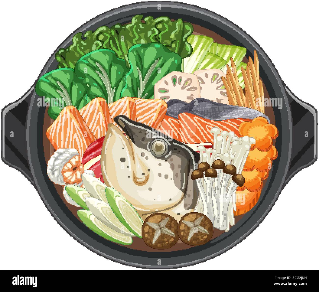 Lebendige Vektor-Illustration des asiatischen Hot Pots mit frischem Gemüse, Fisch und Pilzen über dem Kopf. Stock Vektor